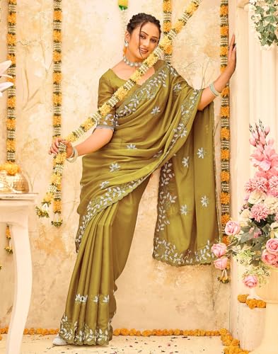 Image of SIRIL Women's Shimmer Georgette Embroidery & Scalloped Border Saree With Unstitched Blouse Piece