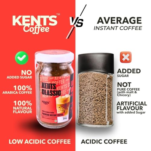 Image of Kents Coffee Classic Instant Coffee (50g) | 100% Arabica from Chikmagalur | Low Acid Coffee | Medium Roast, Rich & Smooth Taste | No Added Sugar & No Preservatives | Espresso, Latte & Cappucino| Hot & Cold Coffee | 50g Unbreakable Jar