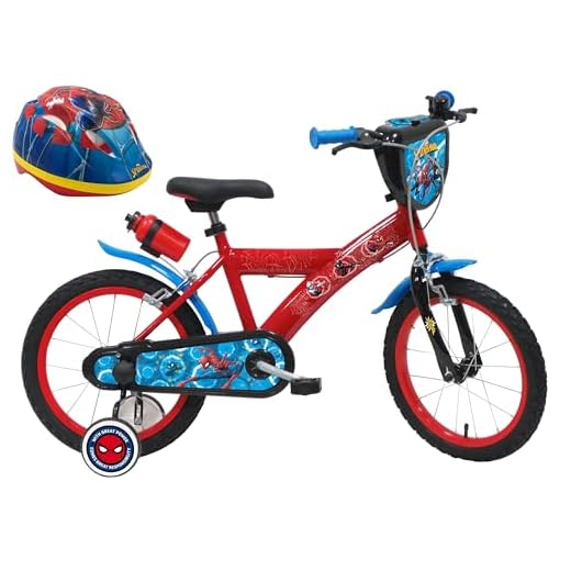 A.T.L.A.S. Bicicleta Infantil de 16 Pulgadas, Marvel Equipada con 2 Frenos, Placa Frontal Decorativa, Botella Trasera y Casco Spiderman Incluido ELO niño, Niños, Rojo idéntico a Las Fotos, 16''