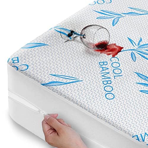 Cooling Bamboo Rayon Mattress Protector with Zipper - 100% Waterproof Size Mattress Cover - Soft & Breathable Jacquard Noiseless Mattress Pad Covers - Zippered Mattress Encasement (Queen)
