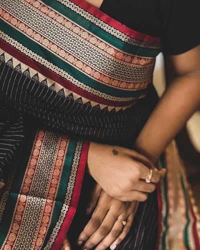 Image of Black Narayanpet Pure Mercerised Cotton Saree for Women | Antique Border Design | Elegant and Breathable outfit | Ideal for Special Occasions | 6.2 Meters Length with Running Blouse Piece