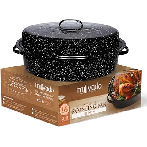 Millvado Granite Roasting Pan, 10 lb Capacity Turkey Roasting Pan with Lid, 16" Granite Oven Roaster Oval Shaped Speckled Enamel on Steel Cookware Cover