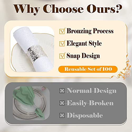 100 Pcs Premium Napkin Rings Laser Cut Foil Paper Napkin Holder for Wedding Party Dinner Table Decor,Special Events and Catering Services (Silver) - Image 3