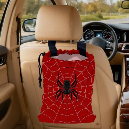 Spider Web Car Garbage Bag, Small Car Trash Bag Hanging,Drawstring Car Garbage Bag with Adjustable Buckle for Car Back Seat,SUVs,Camping,Road Trips