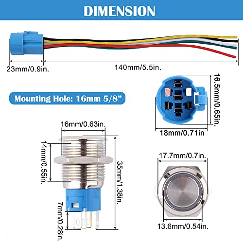 Image of 2pcs 16mm Metal Latching Push Button Switch 12V-24V ON-Off 5Pins 1NO 1NC with Pigtail for 5 /8 inch Mounting Hole Waterproof Silver Shell Halo Ring Red LED Light