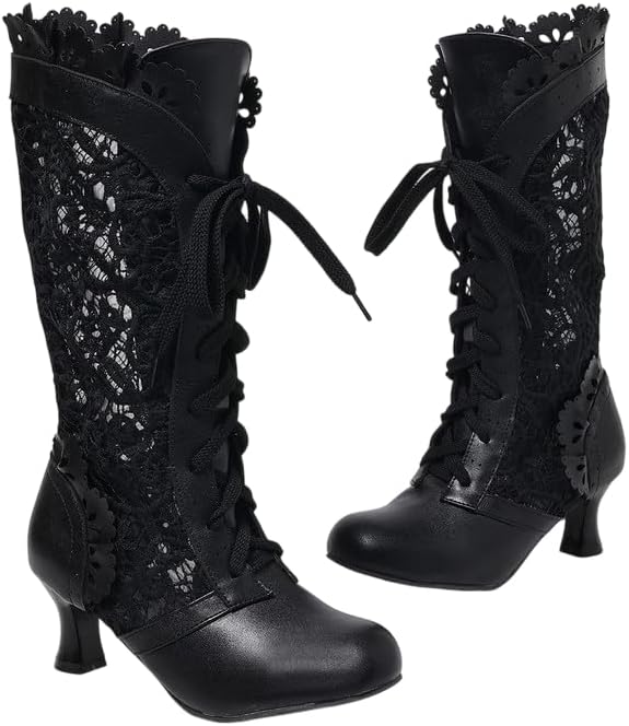 Floral Lace Victorian Knee High Boots Women Costume Lace Up 70S Retro Boots Halloween Witch Stuff Cuban Heel Mid Calf Boots