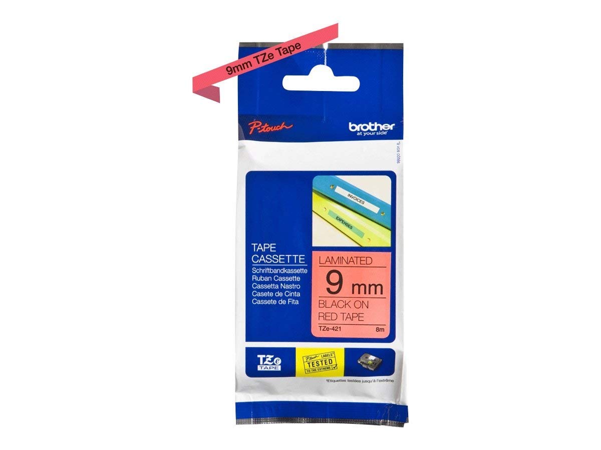 Brother TZe-421 Labelling Tape Cassette, 9 mm (W) x 8 m (L), Laminated, Brother Genuine Supplies - Black on Red