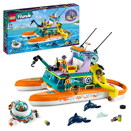 LEGO 41734 Friends Seerettungsboot Tierrettungs-Spielzeug Set mit Delfin-Tier-Figuren und U-Boot, Öko-Lernset, Spielzeug-Geschenk für Kinder, Mädchen und Jungen ab 7 Jahren