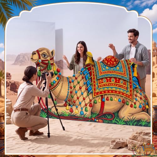 Image of Qunclay 4 ft Camel Cardboard Cutout Life Size Arabian Nights Party Decoration Desert Safari Animal Theme Camel Photo Booth Prop Standee Standup Backdrop for Nativity Scene Egyptian VBS Birthday Decor