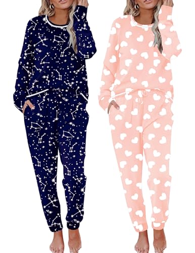 Image of Ekouaer 2 Pack Womens Pajama Sets Long Sleeve Lounge Sets Soft Pj Sleepwear Loungewear