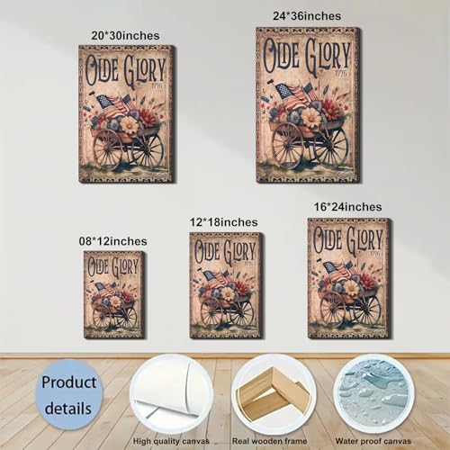 Image of Framed Olde Glory 1776 American Flag Wall Art, Patriotic Vintage Canvas Art Pictures, USA Flag Flower Wall Decor, Made in USA Ready to Hang for Living Room Entryway