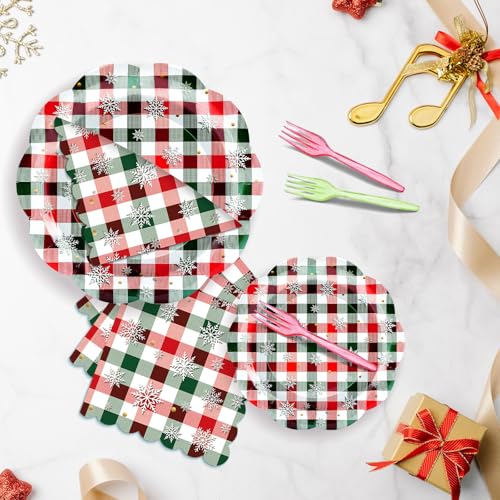96 Pieces Christmas Plaid Tableware Set – Red and Green Checkered Disposable Plates, Napkins, and Forks with Snowflake Design for Holiday Parties, Winter Birthdays, and Seasonal Events – Image 5