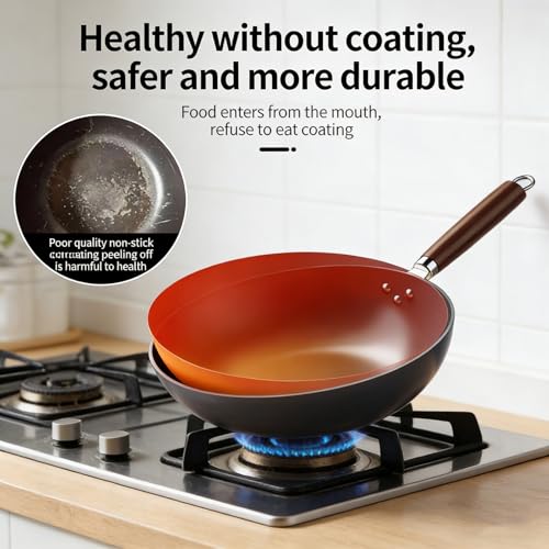 Wok de acero al carbono con mango de madera 11.8 x 5.1 in miniatura 2