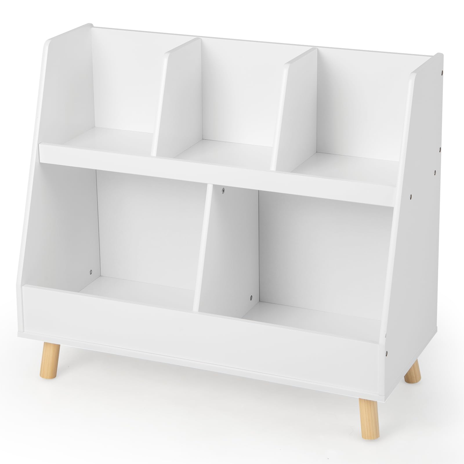 COSTWAY Kids Bookcase, Toy Storage Organizer with Solid Wood Legs & Anti-Tipping Kits, Multi-Functional Children Display Cabinet Bookshelf for Playroom Bedroom Nursery