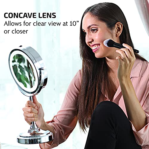Image of OVENTE 7'' Lighted Tabletop Makeup Mirror, 1X & 7X Magnifier, Spinning Double Sided Round LED, Great for Vanity, Bath, & Bedroom, Battery Powered, Polished Chrome MCT70CH1X7X (Pack of 2)