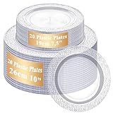AKOLAFE 40 platos de plástico blancos con borde plateado, 2 tamaños, platos de plástico reutilizables de 19 cm y 26 cm, platos de plástico resistentes, platos reutilizables para bodas, fiestas
