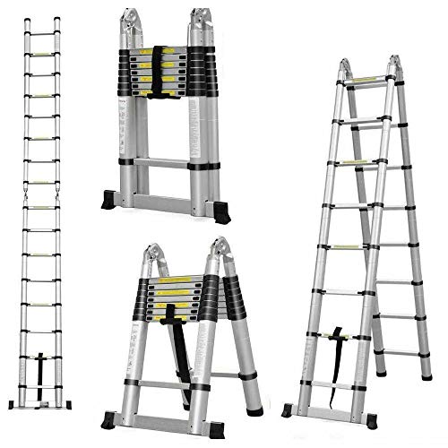 5M - Escalera telescópica de aluminio multiusos (16,5 pies, 16 pasos, 2,5 m + 2,5 m, tipo A, ampliable, plegable, fácil de transportar, capacidad de carga de 330 lb)