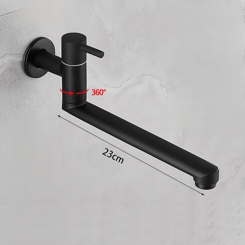 HomeLava Rubinetto da cucina, montaggio a parete, solo acqua fredda, rubinetto da parete, rubinetto per acqua fredda con 360 rotante, beccuccio lungo 23 cm, in acciaio inox, nero