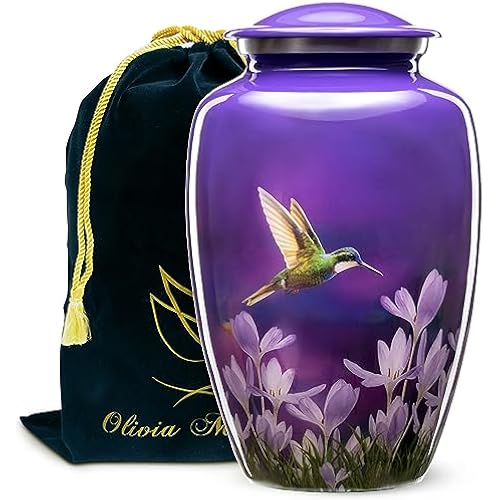 Olivia Memorials Urn for Ashes Women Men Adult | Hummingbird Urns for Female Male | Free Pendant Necklace | Human Funeral Decorative Purple Urna for Mom Dad Pet Dog