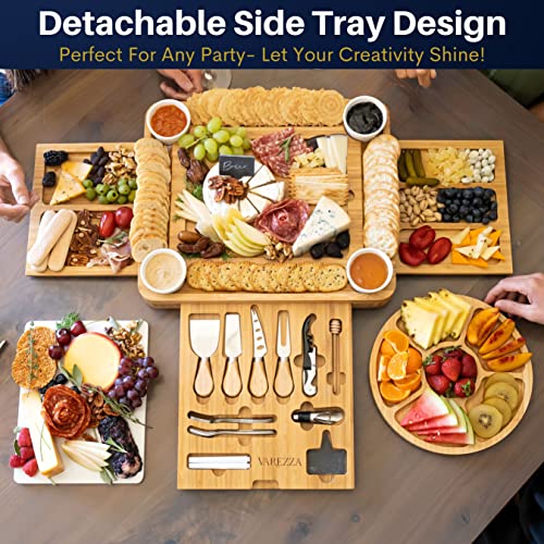 Varezza Bamboo Cheese Board And Knife Set. Extra Large Charcuterie Board Set - Serving Board, Side Cheese Tray, Round Marble Fruit Cheese Platter, 23 Entertaining Accessories For House Warming Gifts #TOP1
