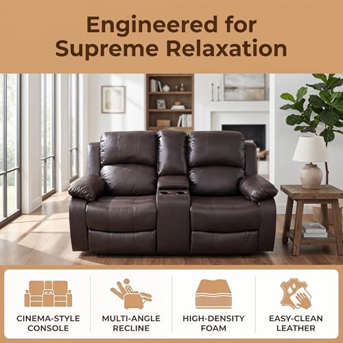 Image of Leather Power Recliner Sofa Set, Leather Recliner Couch Sets with Cup Holders, Storage Console, 2 Piece Sectional Sofa with USB Charging Port for Home Theater, Living Room, Office, Brown