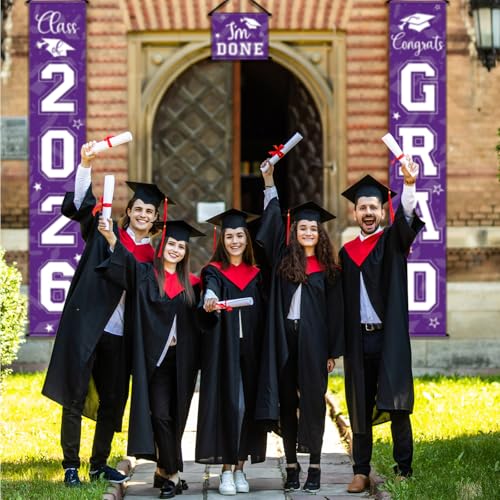 Image of Moukeren 3 Pieces 2026 Graduation Party Decorations Graduation Porch Sign Class of 2026 Grad Hanging Porch Banner Backdrop Door Sign for Grad Party Home Door Wall Decor(Purple)