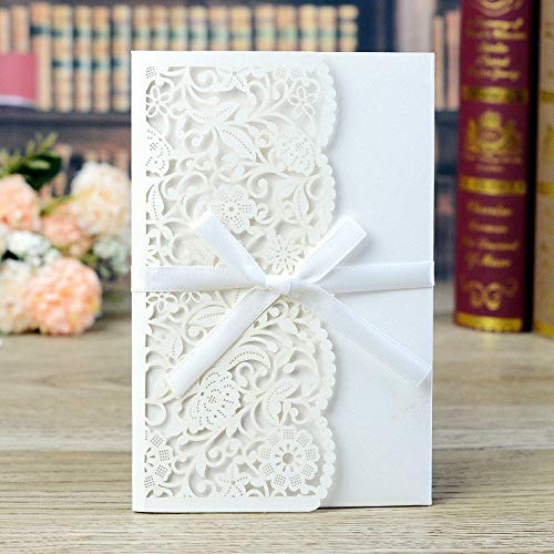 Inviti Matrimonio 50 pezzi di biglietti invito for matrimonio, auguri con fiori in pizzo a tre ante e nastri for feste(Gold Cover inner)