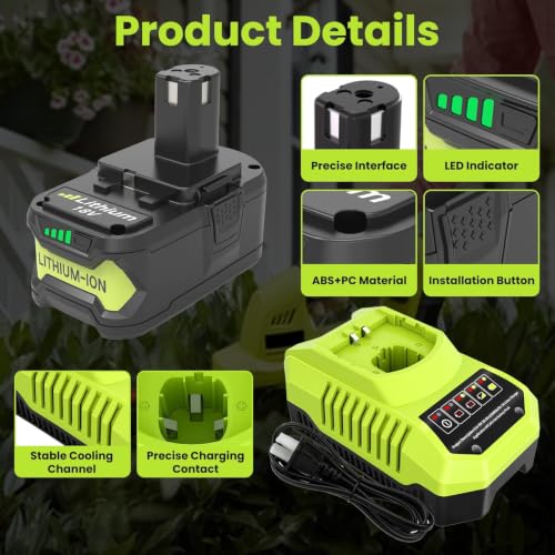 Image of Reoben 2PACK 8.0Ah Replacement for Ryobi 18V Battery and P117 Charger Combo | Compatible with Ryobi Lithium Battery and Charger 18 Volt P102 P103 P104 P107 P108 P109 Cordless Power Tools (Green-3P)