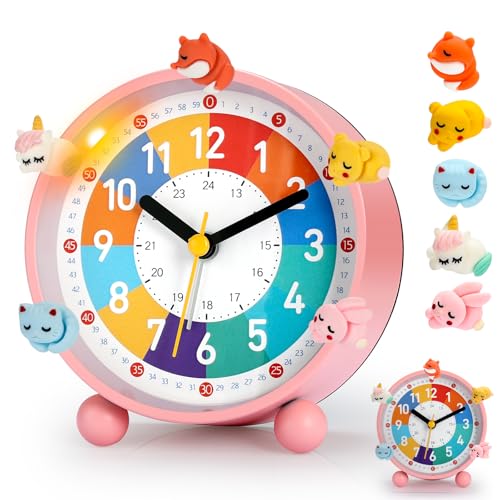 PIXESTT Despertador Infantil, Reloj Despertador Infantil para Principiantes En La Escuela, Sin Sonido Tic-TAC, con FuncióN De Luz Nocturna Y FuncióN De RepeticióN, con 5 Adornos De Despertador
