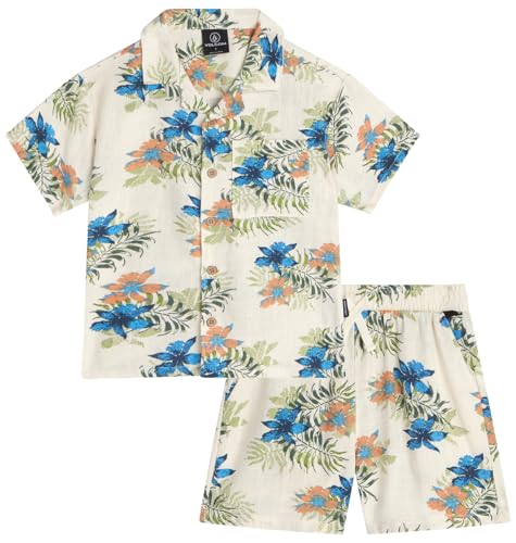 Volcom Toddler Boy Shorts Set - 2 Piece Short Sleeve Button Down Hawaiian Shirt & Matching Shorts, Little Boys Summer Outfits, Size 6, Off-white