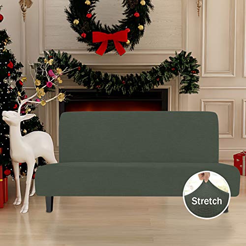 Image of Easy-Going Stretch Large Futon Slipcover Armless Futon Cover Olive Green | Sofa Bed Furniture Protector Without Armrests with Elastic Bottom for Kids, Soft Jacquard Machine Washable