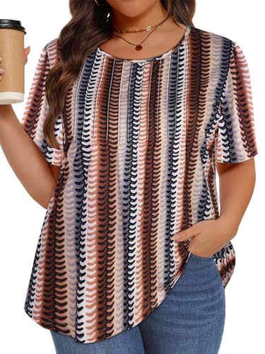 Image of Plus Size Tops for Women Pleated Summer Top Trendy Short Sleeve Shirts Casual Basic Tee Crew Neck Blouses 2026