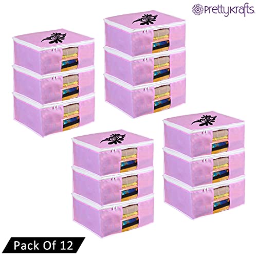 Image of PrettyKrafts Large Saree Cover With Creative Prints, Wardrobe Organiser, Clothes Cover & Storage, Zip Closure and Transparent Window | Clothes Storage Bag | Set of 12, Pink | Size: 40 x 35 x 20 cm