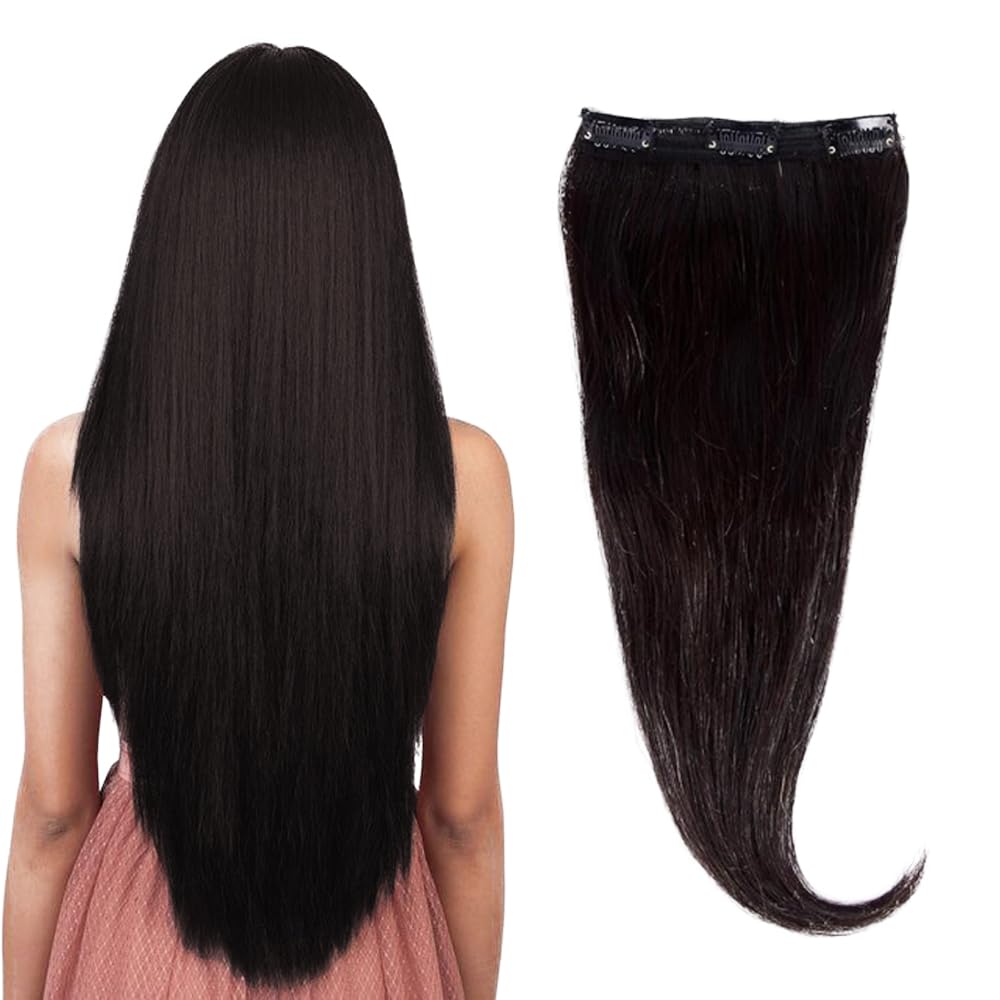 RefynHair Women 3 Clip Human Hair Extension 20 inch long Natural Brown Colour Occasion For Wedding, Party, Anniversary, Office and Casual look Hair Pieces - (#1 Black, 40g)