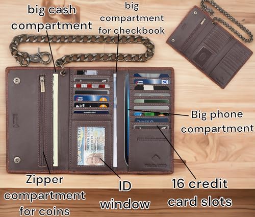 Image of F&L CLASSIC RFID Blocking Mens Tri-fold Long Style buffalo crazy horse Leather Steel Chain Wallet,ostrich print brown,212-51