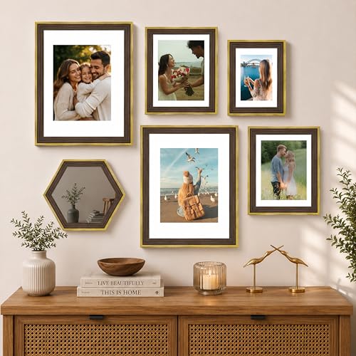 Image of Art Street Gold Gallery Wall Photo Frame Set with Hexagon Mirror | Modern Collage Timeline Wall Decor for Living Room, Bedroom & Family Memories | Multi Size Frame Set