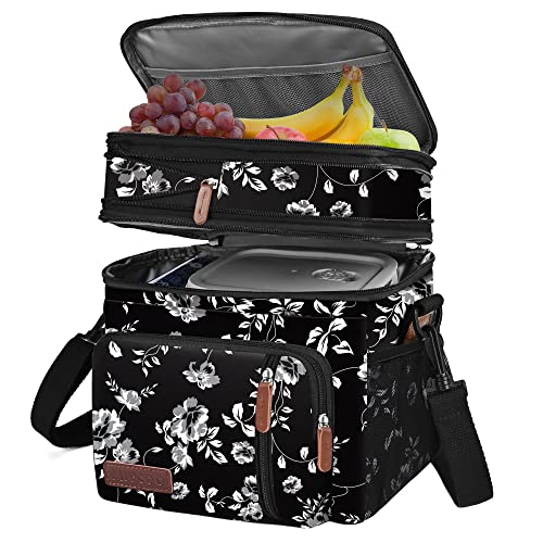 MIYCOO Lunch Bag & Lunch Box for Women Men, Double Deck Leakproof Insulated Soft Large Adult Camping Cooler bag for Work, Beach, Picnic, Travel (White Flower, 15L)
