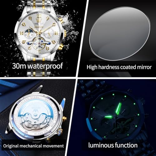 Image of OLEVS Men Automatic Watch Diamond Skeleton Mechanical Luxury Self Winding Moon Phase Calendar Waterproof Wrist Watch for Men