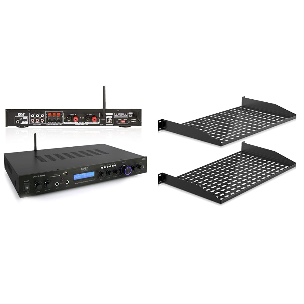 Pyle 5 Channel Bluetooth Receiver Home Theater Amp with 2 Vented 1U Server Rack Shelves for Electronics and Audio Equipment