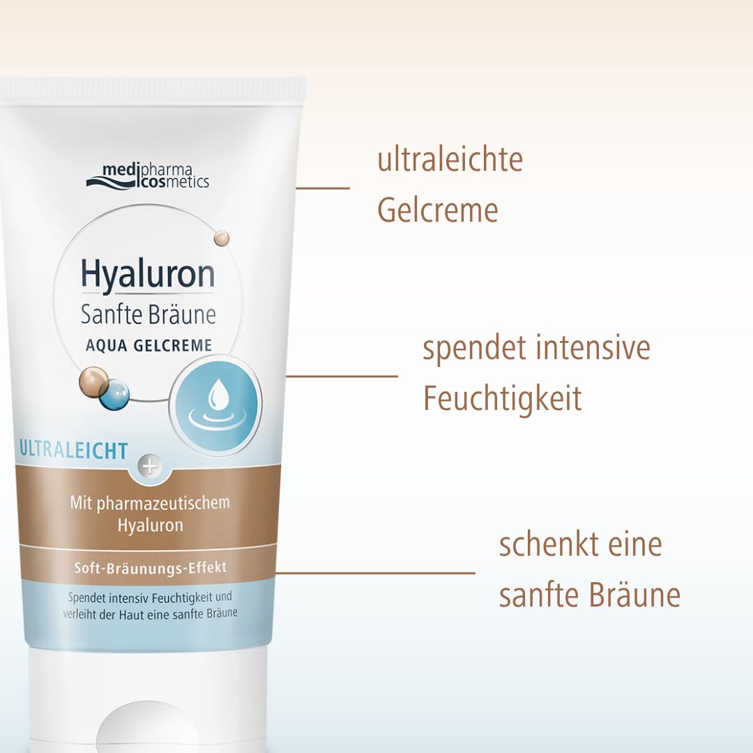 Hyaluron Sanfte Bräune Aqua Gelcreme - mit ultraleichter Textur und Bräunungseffekt - feuchtigkeitsspendend und pflegend - medipharma cosmetics - 150 ml