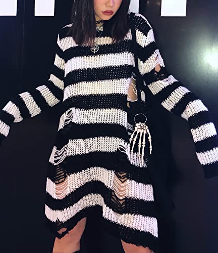 Image of Goth Y2K Striped Sweater Grunge Ripped Punk Gothic Sweaters for Women