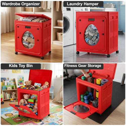 Image of Story@Home Organiser Storage Box with Wheels - 160L | Foldable Storage Box for Clothes Large Quilt Organizer Transparent Window, Front Flap & Top Lid | Seasonal Storage for Blankets & Sweaters - Red