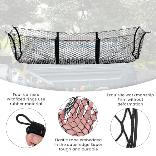 Recaceik Truck Bed Cargo Net 3 Pocket Cargo Net for SUV Cargo Net for Pickup Truck Bed Heavy-Duty Truck Bed Organizer Storage with 4 Metal Hooks & Mounting Screws for Cars (47.2 x 11.8 x 11.8)