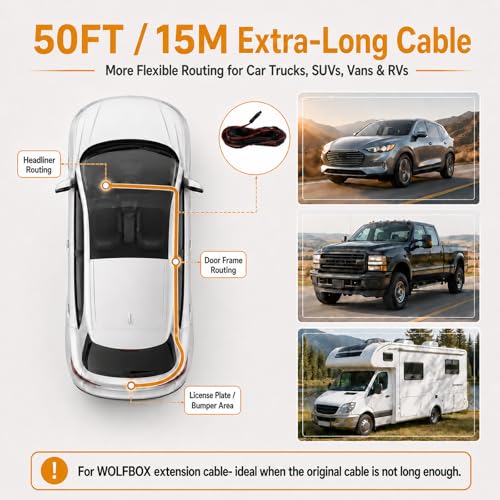 Image of 50FT Rear Camera Extension Cable for WOLFBOX G840S /G930 /G850 /G840H(Type-C) /G900 /i07 /i17 /T10 Plus, for Wolfbox Extension Cable 4-Pin 2.5 mm Pure-Copper Wire for Trucks SUVs RVs Vans