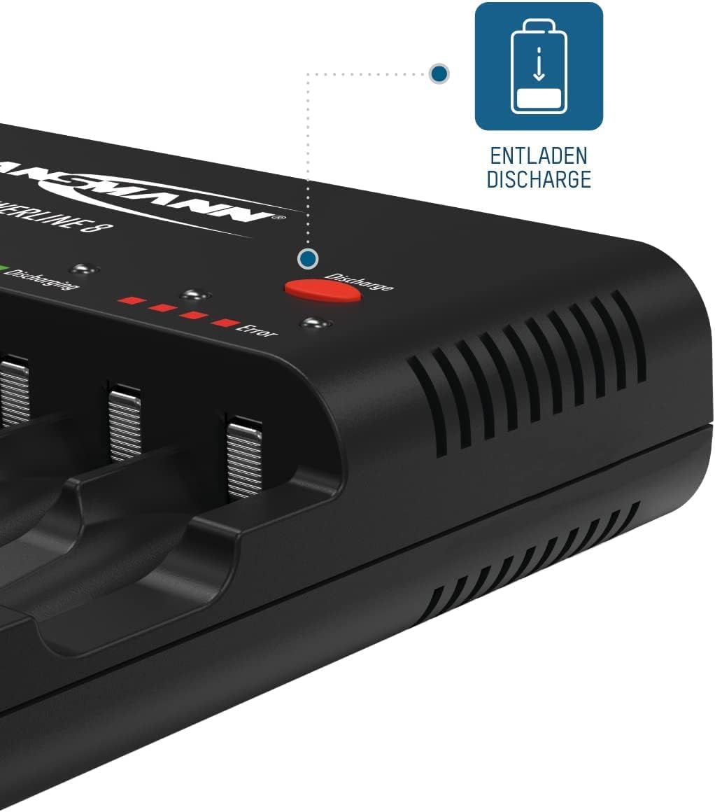 Ansmann 1001-0006-US-590-2 Powerline 8 AAA & AA Smart Battery Charger for AA, AAA w. Discharge Function + 2850mAh Slimline AA Batteries (8-Pack)