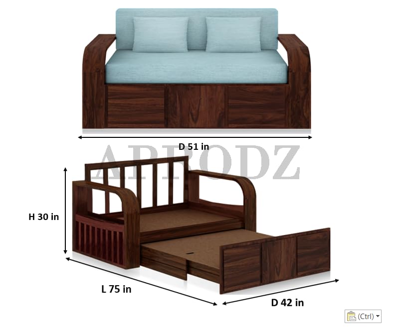 Image of APRODZ Sheesham Wood Sofa Cum Bed, 2 Seater, Walnut Finish with Turquoise Upholstery (75 x 51 x 30 Inch)
