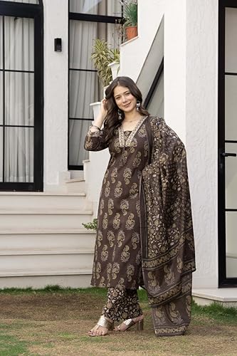 Image of PARTHVI Women's Cotton Printed Kurta Set with Pants & Dupatta | Elegant Ethnic Wear for Women | Floral Print | Comfortable Suit Set