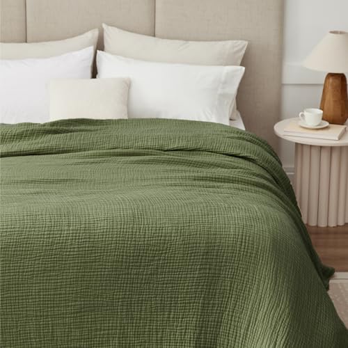 100% Cotton Muslin Blanket Twin 66" x 90", Breathable and Lightweight Twin Blankets for Couch, Soft Cooling Summer Gauze Blanket for Adults All Season, Olive Green