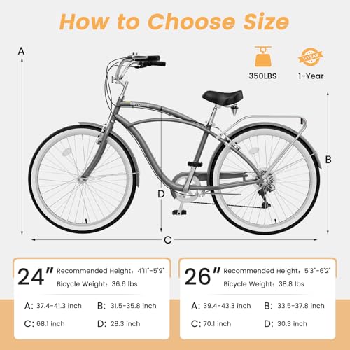 Image of MOONCOOL Beach Cruiser Bike for Women and Men, 24 /26 Inch 7-Speed Adult Bicycle, Comfortable Step-Through Frame with Rear Rack, Classic City Cruiser