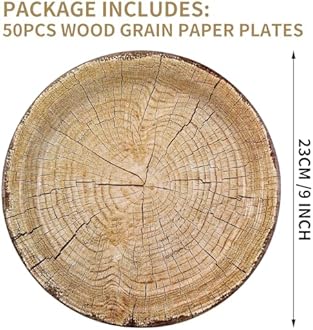 Wood Grain Party Plates 50 Pieces, 9" Rustic Wood Effect Paper Plates, for Woodland Theme Party Table Decorations